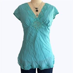 Studio Y Aqua Lace Accent Blouse Blue Top glam preppy blouse medium